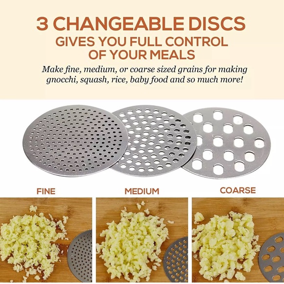 Stainless Steel Potato Ricer & Food Masher, 3 Discs, Easy Clean, 1 Cup Capacity - Picture 9 of 9